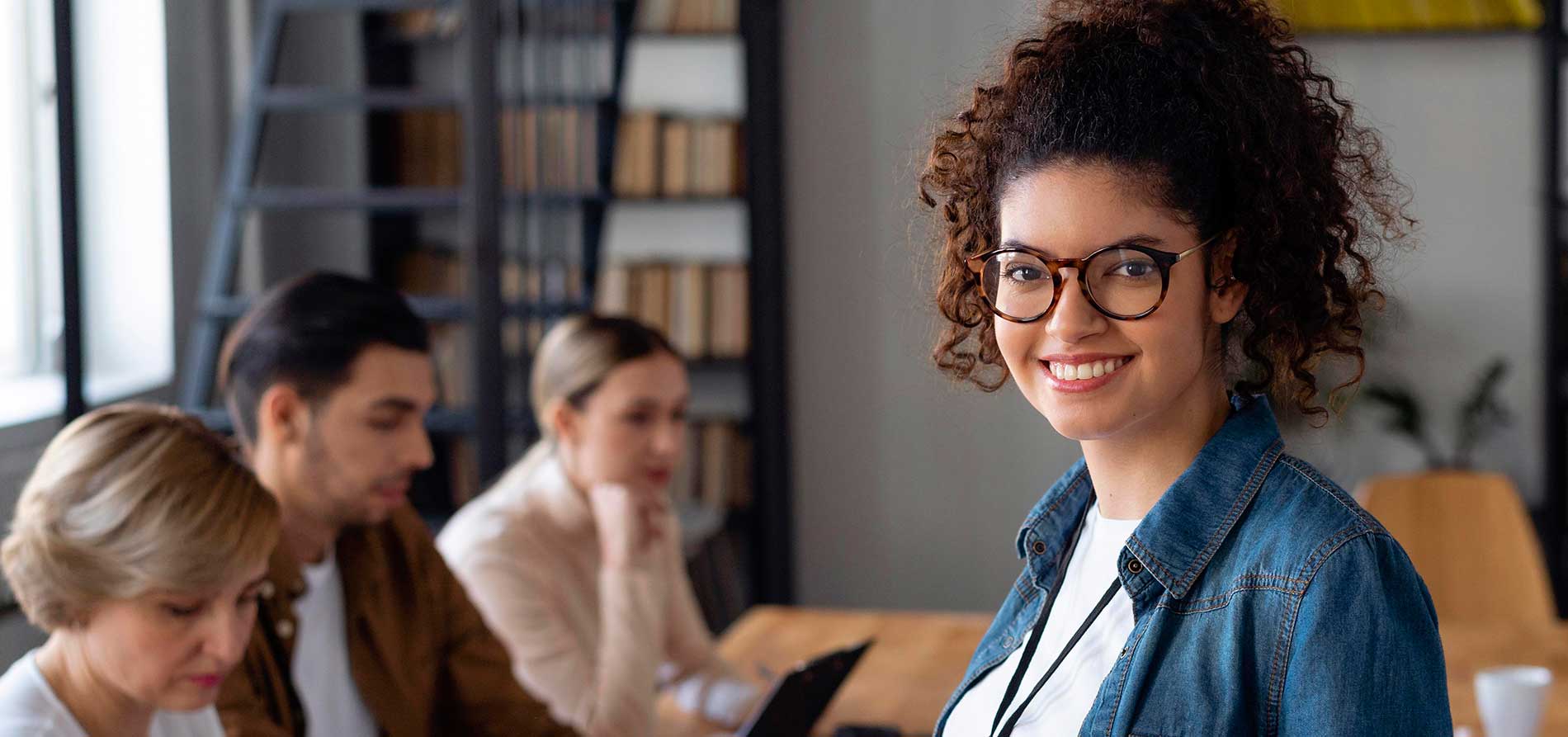 Team collaborating at a screen